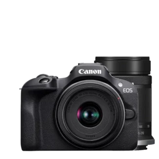 appareil photo Canon EOS R100 avec objectifs EF-S 18-45mm et RF-S 55-210mm, vue de face