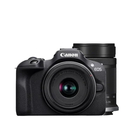 appareil photo Canon EOS R100 avec objectifs EF-S 18-45mm et RF-S 55-210mm, vue de face